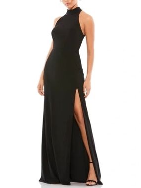 MAC DUGGAL IEENA Black High-Neck Halter Formal Gown Side Slit Opened Back Size 4